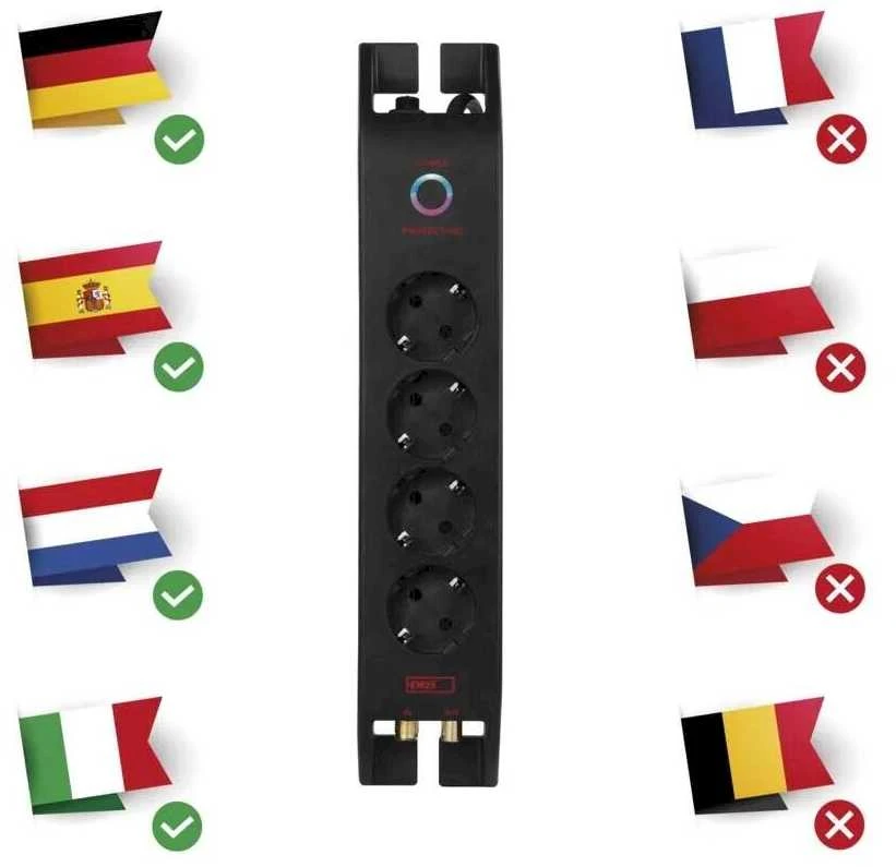 Ilgiklis su apsauga nuo viršįtampių (1800J) 4 lizdų, 2m, TV antenos (IEC) apsauga, juodas EMOS