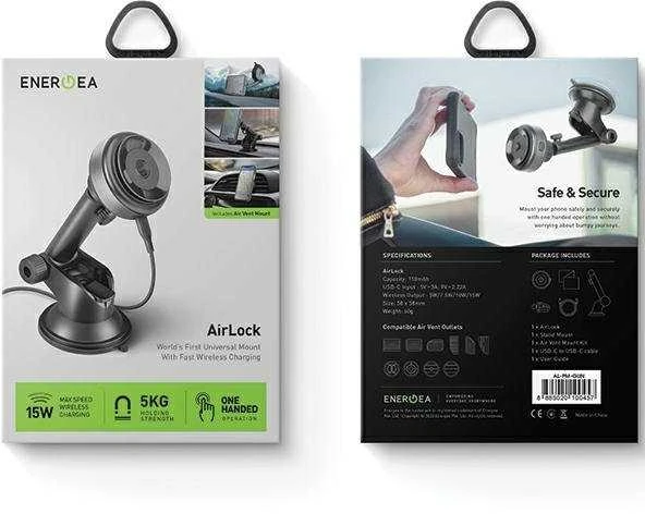 ENERGEA universalus indukcinis telefono laikiklis AirLock juodos spalvos