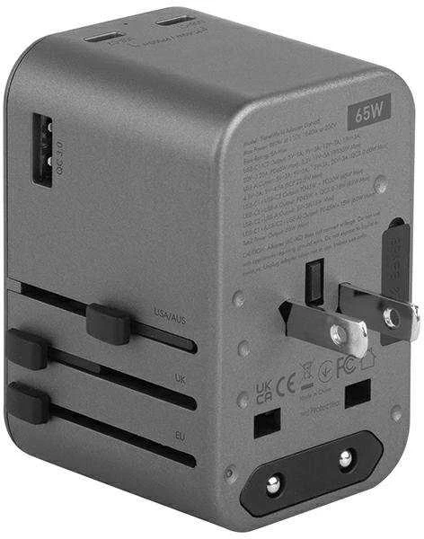 Energea 65W pilkas universalus kelioninis adapteris šoninis vaizdas