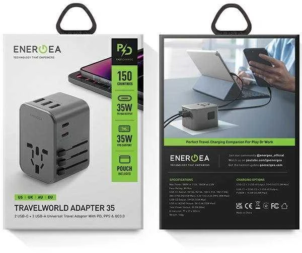 ENERGEA Laidinis įkroviklis 3xUSB + 2xUSB-C PD-PPS-QC 3.0 35.5W 3A2C 4-in-1 Adapteris US/AU/EU/UK Gunmetal Tr