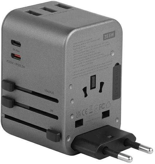 ENERGEA Laidinis įkroviklis 3xUSB + 2xUSB-C PD-PPS-QC 3.0 35.5W 3A2C 4-in-1 Adapteris US/AU/EU/UK Gunmetal Tr