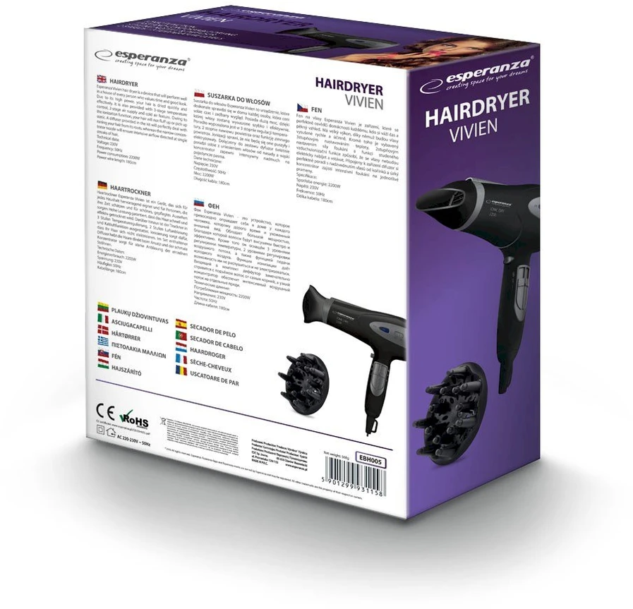 ESPERANZA HAIR DRYER 2200W IONIC VIVIEN EBH005K