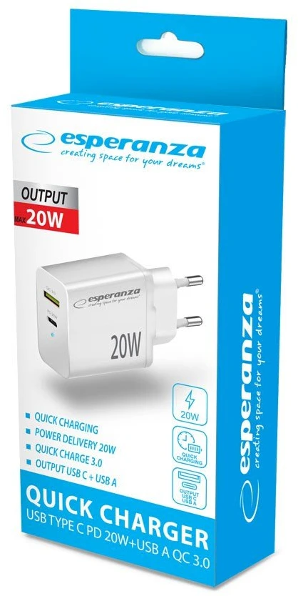 Esperanza EZC105W mains charger 20W Baltas