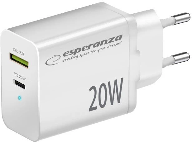 Esperanza EZC105W mains charger 20W Baltas