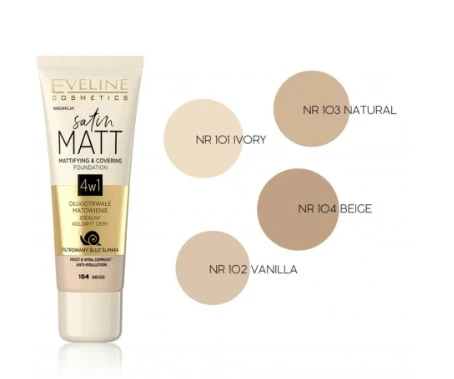 „Eveline Cosmetics“ „Eveline Satin Matt“ matinį efektą suteikiantis ir dengiantis makiažo pagrindas 4in1, 101 Ivory, 30 ml