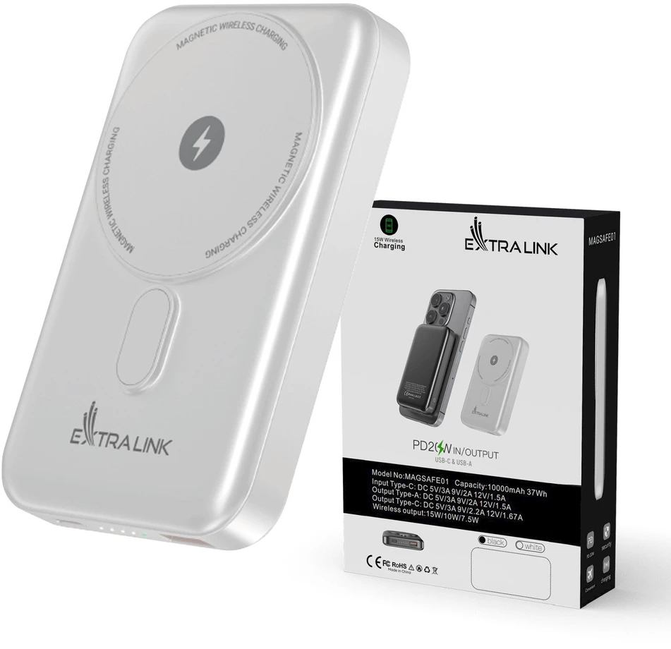 Extralink MagSafe 10000mAh Balta | Maitinimo bankas | Maitinimo blokas, 38,5 Wh PD20W+15W USB-C USB-A