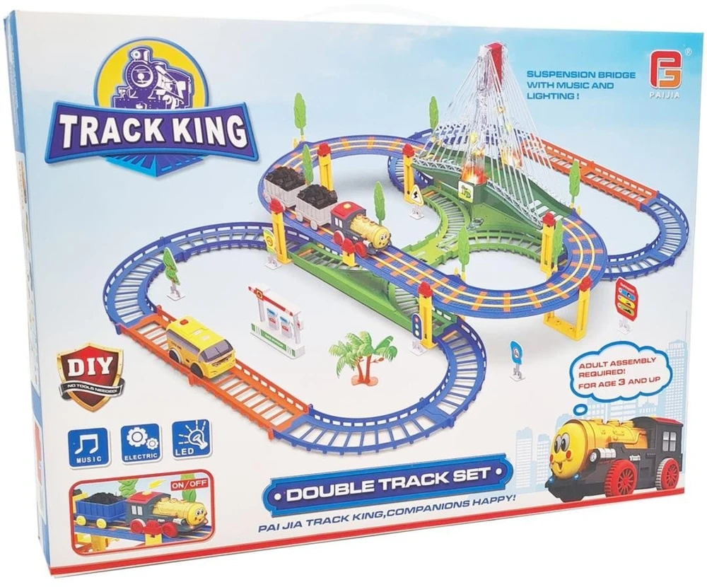 Extralink Kids, „Track King“ elektrinis traukinukų rinkinys su lokomotyvu ir baterijomis varomu automobiliu