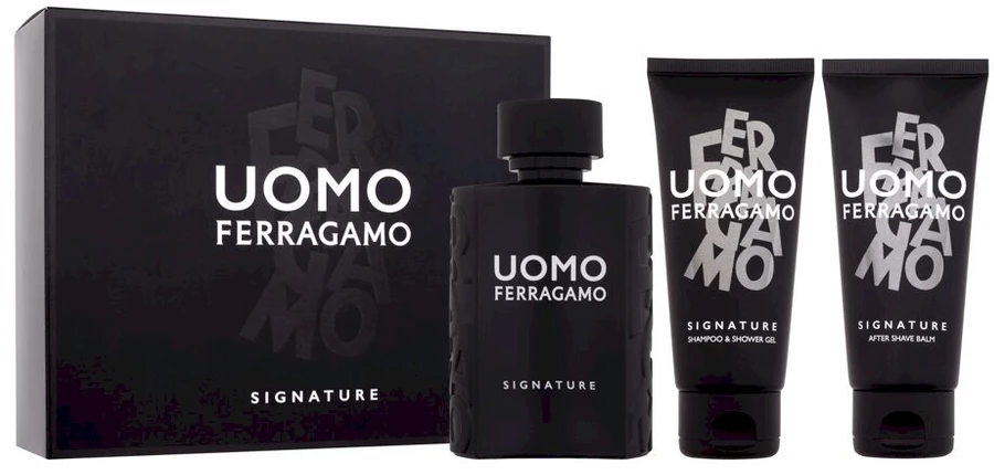Salvatore Ferragamo Ferragamo Uomo Signature rinkinys vyrams (EDP, 100 ml + šampūnas ir dušo želė, 100 ml + balzamas po skutimosi, 100 ml)