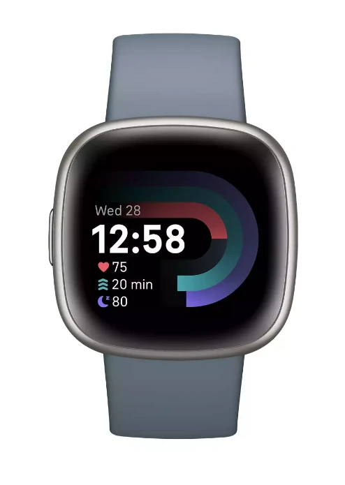 Išmanusis laikrodis Fitbit Versa 4, Platinos spalvos korpusas su melsvos spalvos silikoniniu dirželiu