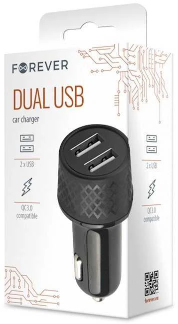 Forever automobilinis įkroviklis 1xUSB 2,4A + 1xUSB QC 3.0 LA-03 juodas