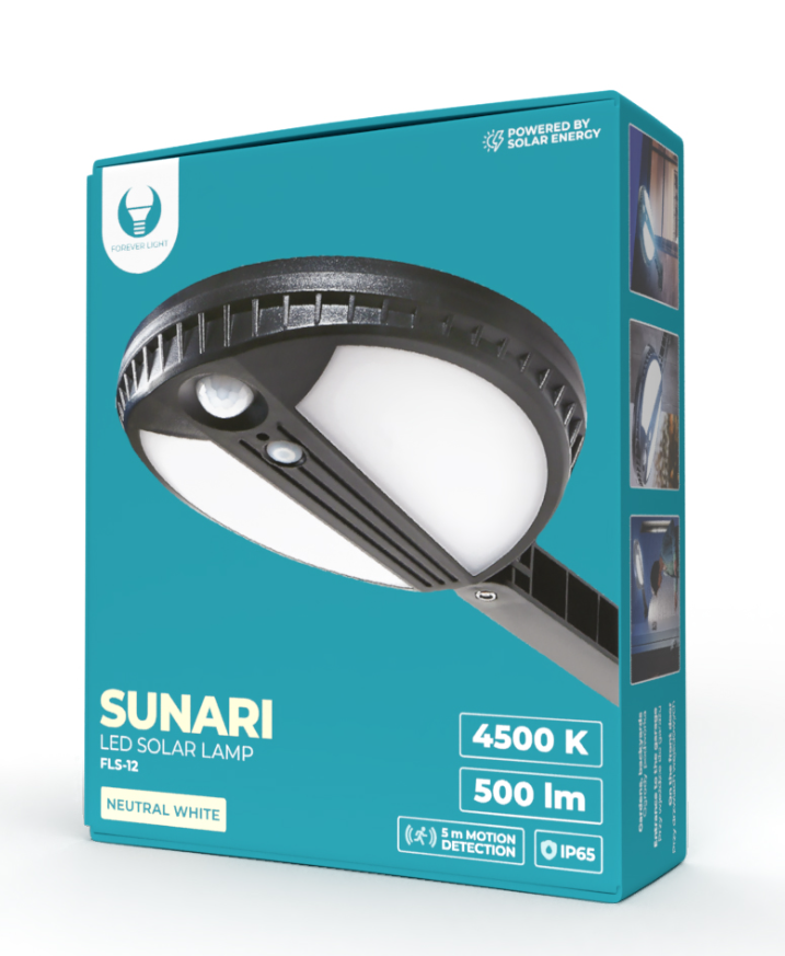 Plastrol TelForceone SUNARI saulės lempa LED FLS-12 70*SMD PIR 6W 500lm 4500K 2400mAh Li-ion"Forever" šviesiai