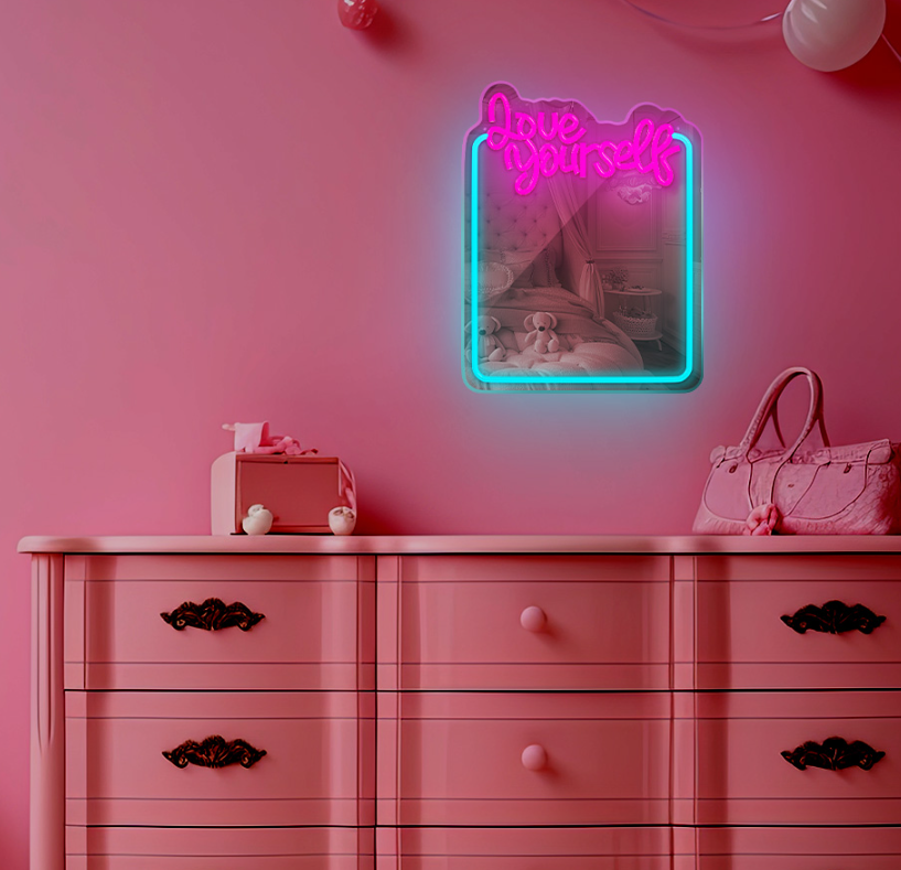 Neoninis veidrodis LED LOVE YOURSELF turkio rožinė FMNE01 Forever Light