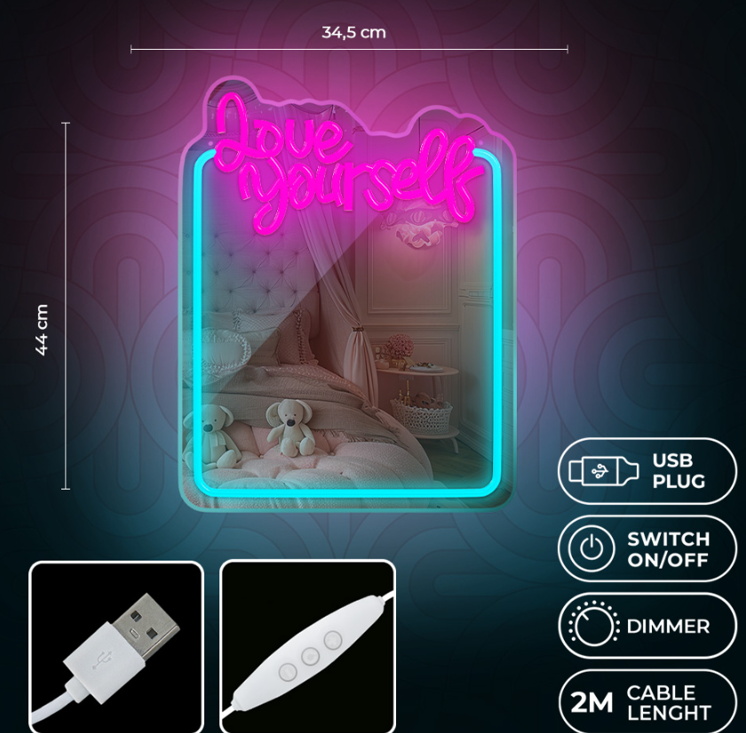 Neoninis veidrodis LED LOVE YOURSELF turkio rožinė FMNE01 Forever Light