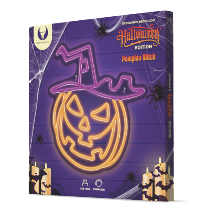TelForceone Neoninė PLEXI LED PUMPKIN WITCH violetinės spalvos inė oranžinė FPNE17"Forever" šviesiai