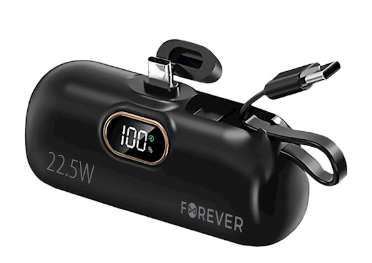 Telforceone Forever mini power bank MTB-100 22.5W 5000 mAh USB C juodos spalvos