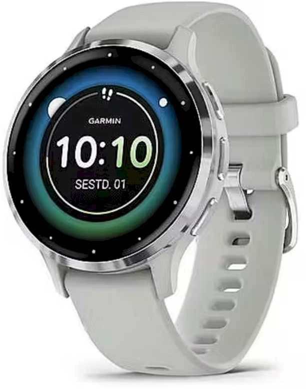 Išmanusis laikrodis Garmin Venu® 3S, Sidabro spalvos nerūdijančiojo plieno apvadas, su žaliai pilkos spalvos korpusu ir silikoniniu dirželiu
