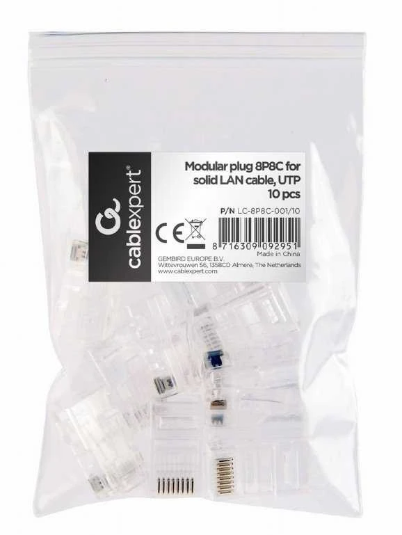 Gembird Cablexpert Modulinis kištukas 8P8C kietam LAN kabeliui CAT5, UTP, 10 vnt. už maišelį | Modulinis 8P8C RJ45 kištukas, 30u“ auksiniu padengtas, 3 šakių vidiniai kontaktai, skirti naudoti su tvirtais LAN laidais