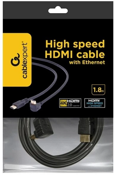 Gembird Cablexpert | HDMI didelės spartos 90 laipsnių kištukas į tiesų kištuką, 19 kontaktų, auksiniu dangteliu dengtos jungtys | HDMI 19 kontaktų kištukas | HDMI 90 laipsnių kištukas | 1,8 m