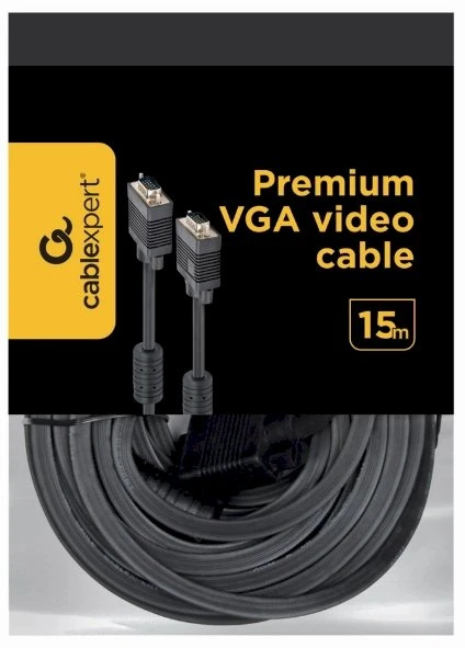 Gembird „Cablexpert Premium VGA HD15M/HD15M“ dvigubai ekranuotas su 2 ferito šerdimis, 15M kabelis, Juodas | Cablexpert