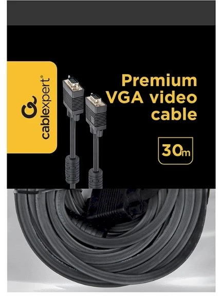 „Gembird Premium VGA HD15M/HD15M“ dvigubai ekranuotas, su 2 ferito šerdimis, 30 M kabelis, juodos spalvos „Cablexpert“