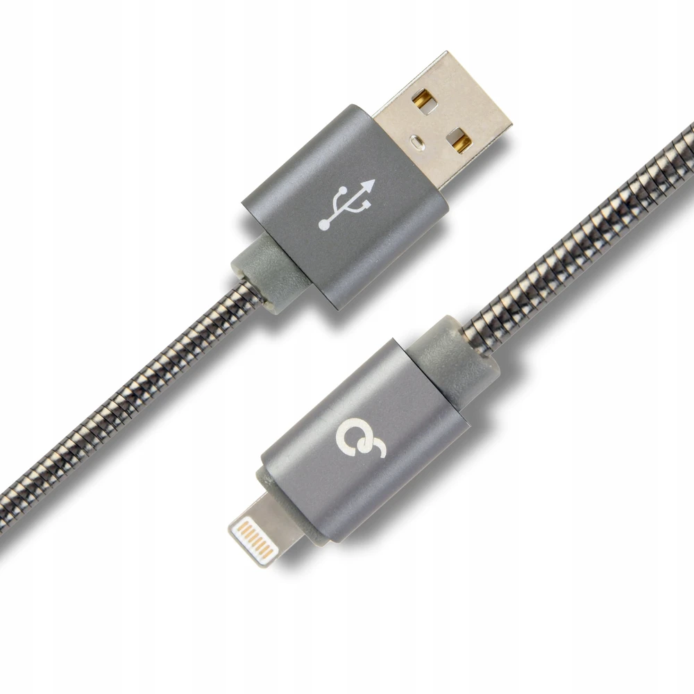GEMBIRD CC-USB2S-AMLM-1M-BG Gembird Premium spiralinis metalinis 8 kontaktų įkrovimo ir duomenų kabelis, 1m, metalinis-pilkas