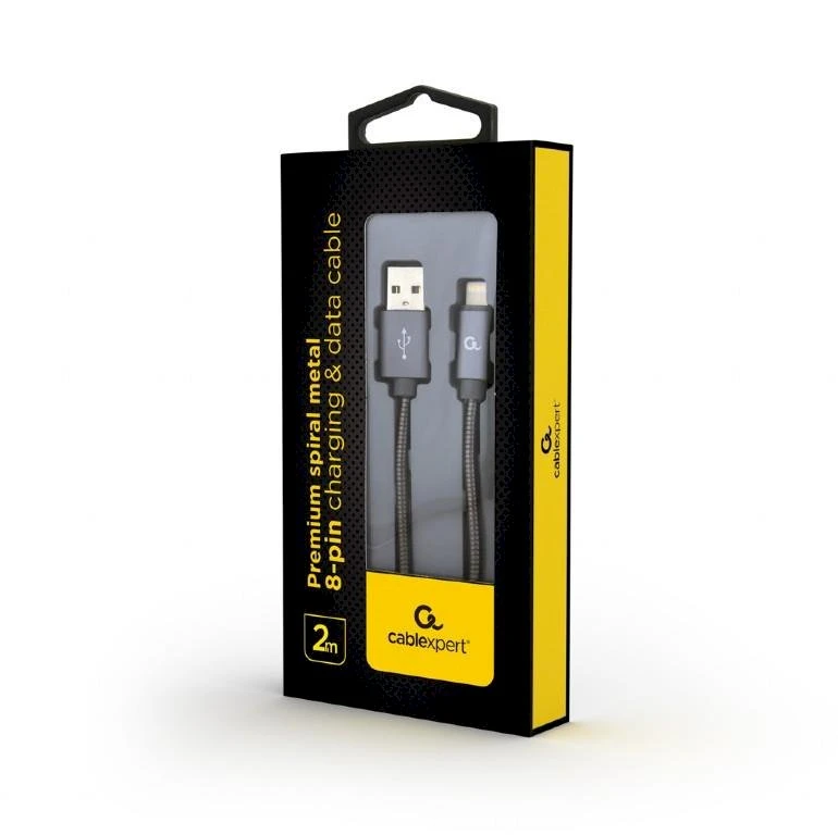GEMBIRD CC-USB2S-AMLM-2M-BG Gembird Premium spiralinis metalinis 8 kontaktų įkrovimo ir duomenų kabelis, 2m, metalinis-pilkas