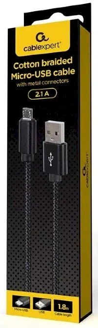 Gembird CCDB-mUSB2B-AMBM-6 Medvilninis pintas Micro-USB laidas su metalinėmis jungtimis, 1,8 m, juodas