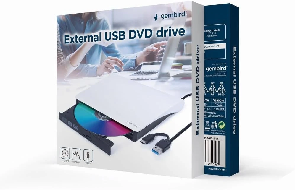 Kietasis diskas Išorinis DVD įrašymo įrenginys -/+ R/RW Slim Gembird DVD-USB-031-BW balta