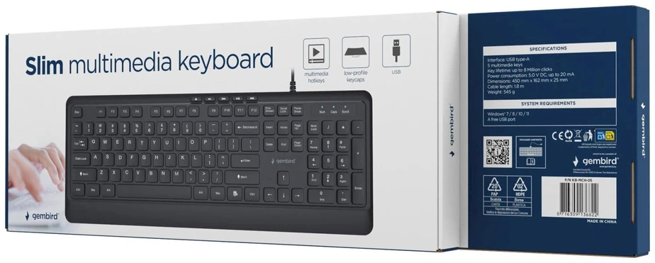 Gembird KB-MCH-05 Slim su laidu multimedia klaviatūra, juodas, US išdėstymas
