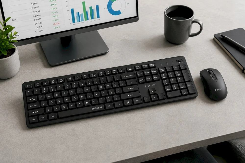 Klaviatūra Gembird KBS-WMS-01 Silent key Pro Business wireless desktop set, juodas, US išdėstymas