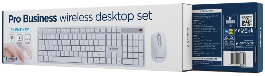 Klaviatūra Gembird KBS-WMS-01-W Silent key Pro Business wireless desktop set, baltas, US išdėstymas