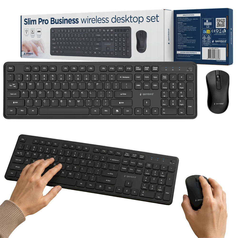 Gembird komplektas belaidis klaviatūra + pelė, Slim Pro Business na biurko, juoda, układ US