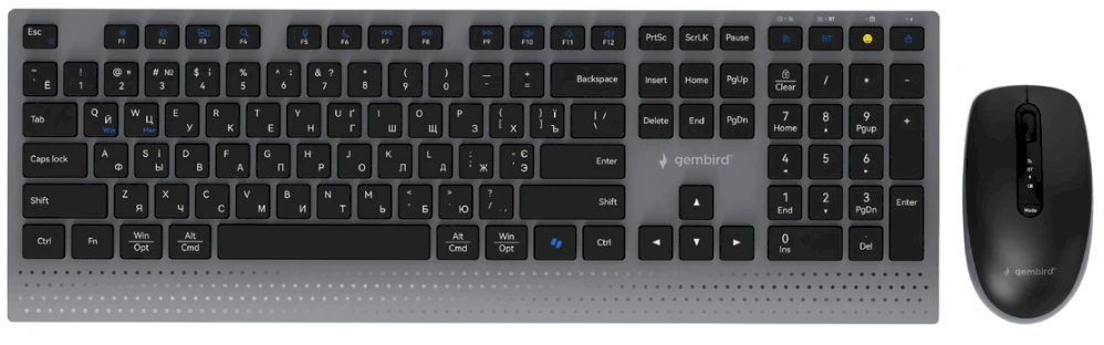 Klaviatūra Gembird KBS-WPS-02-CYRL Dual-mode slim wireless desktop set, 2.4G+BT, RU išdėstymas