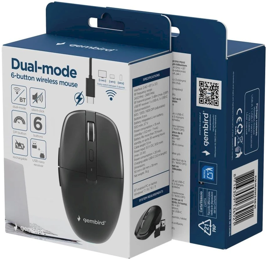 Gembird MUSW2-6B-01 Dual-mode belaidė pelė (2.4G + BT), 1600 DPI, 6-button, juodas