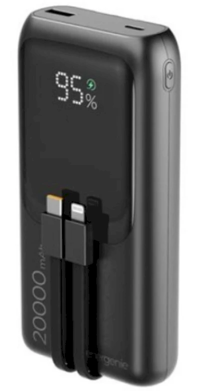 Gembird PB20-PD20-LCD-01 greito įkrovimo išorinė baterija su integruotais laidais, 20W, 20000 mAh, juodas