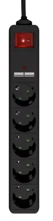 EnerGenie | Prailgintuvas su USB įkrovikliu, 5 lizdai, 1,5 m, Juodas | SPG5-U2-5-02