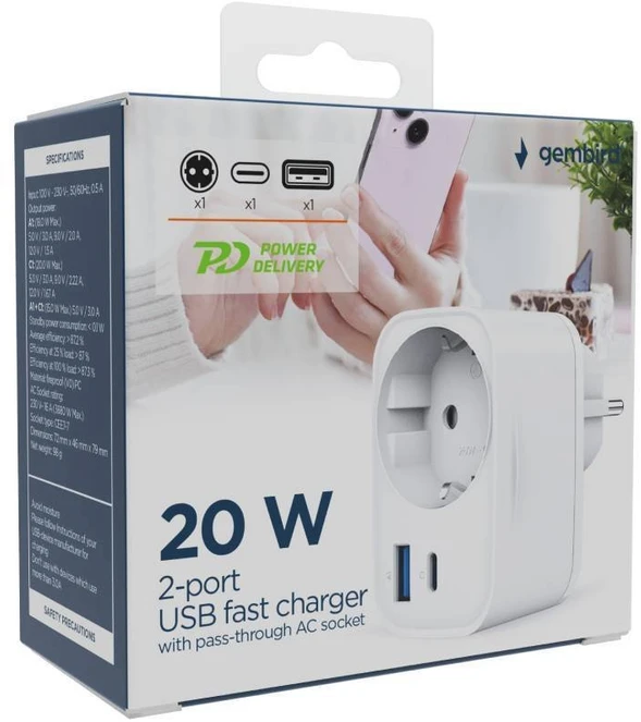 GEMBIRD 2 prievadų USB greitojo įkrovimo adapteris su AC lizdu 20W baltas