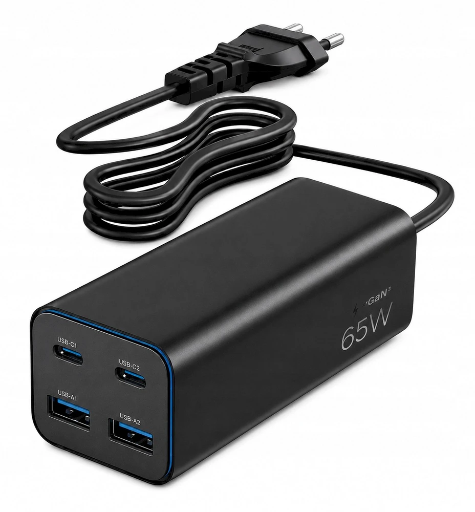 „Gembird“ USB PD USB C tipo, 4x USB, 65 W, GaN, juodas