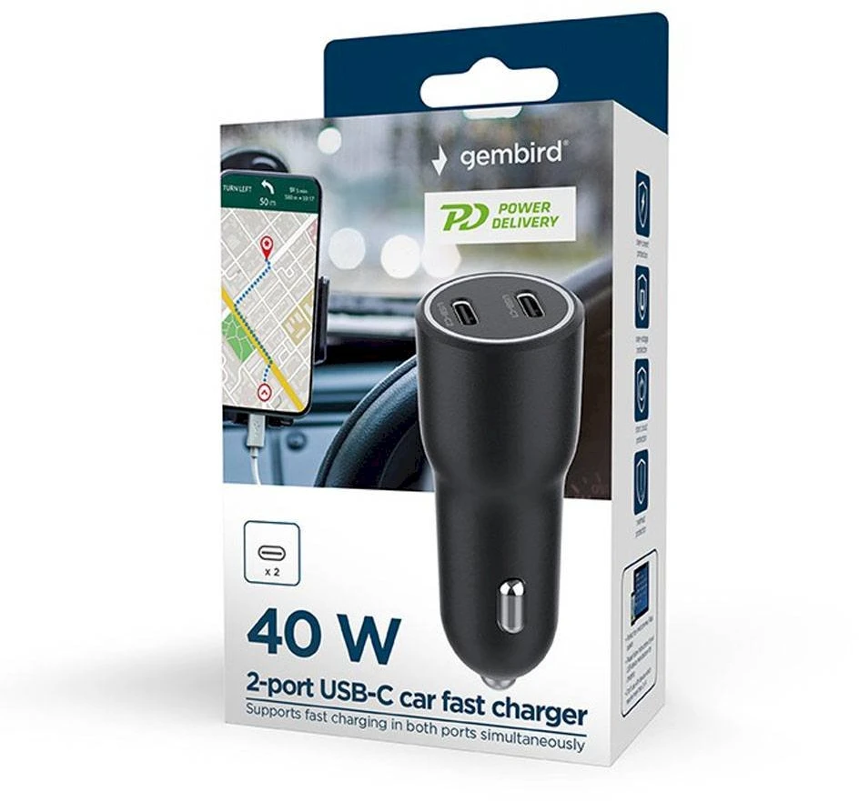 Gembird 2 xType-C, 4.0A, QC3.0 PD juodas