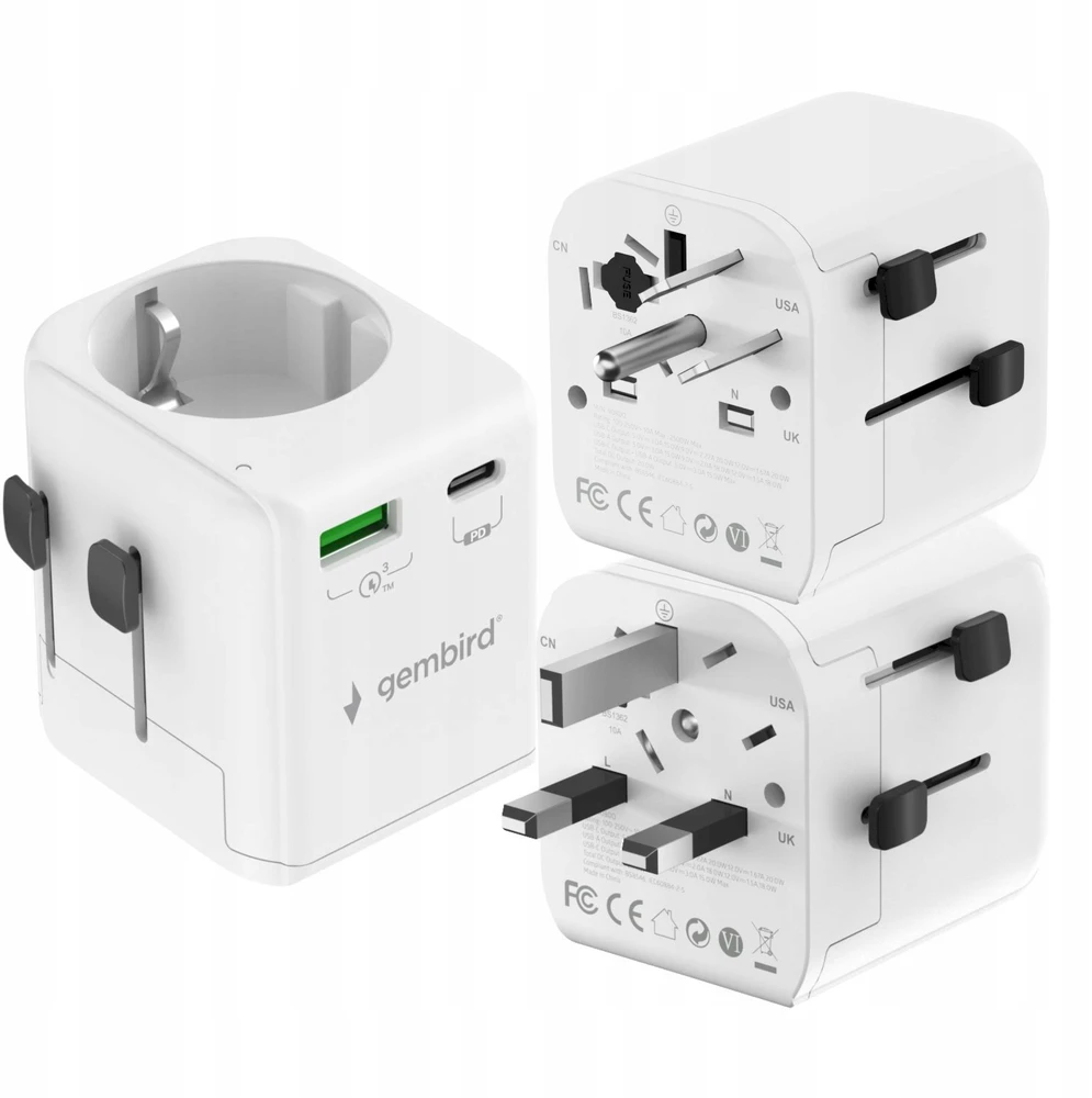 „Gembird“ įžemintas universalus kelioninis maitinimo adapteris, 20 W | TPA-EU1A1C20-01-W