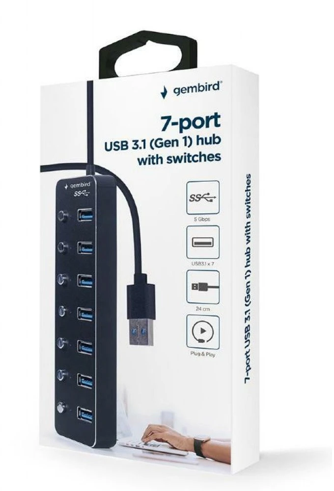 GEMBIRD 7 prievadų USB 3.1 Gen 1 HUB su jungikliais juodas