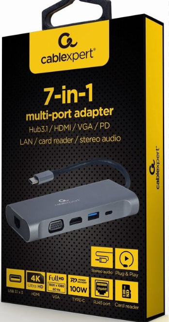 GEMBIRD A-CM-COMBO7-01 Multi Port Adapteris USB Type C Hub3.0 HDMI VGA PD kortelių skaitytuvas stereo audio space pilkas