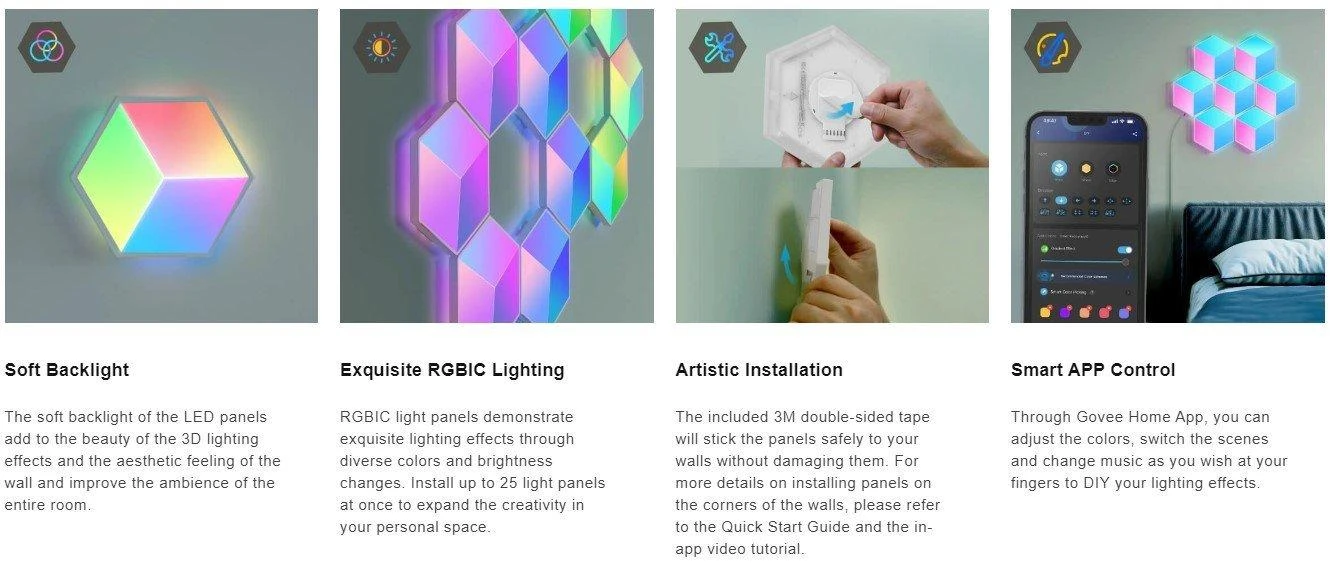 „Govee Glide Hexa Pro“ išmanusis sieninis šviestuvas su „Wi-Fi“ / „Bluetooth“ 72 W