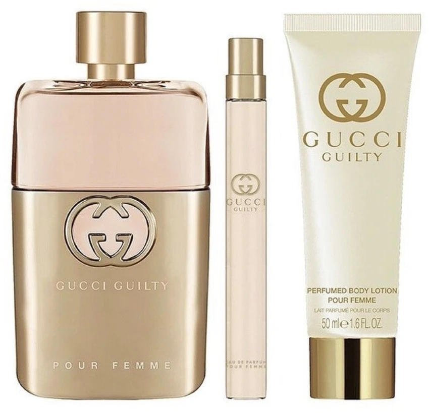 Rinkinys „Gucci“: „Guilty“ kvepalai moterims, 90 ml + „Guilty“ kvepalai moterims, 10 ml + „Guilty“ drėkinamasis losjonas kūnui, 50 ml