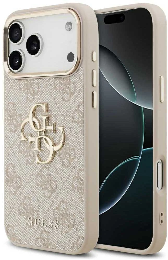 Guess PU odos 4G Metal Logo Gold Frame dėklas skirtas iPhone 17 Pro Max rožinės spalvos