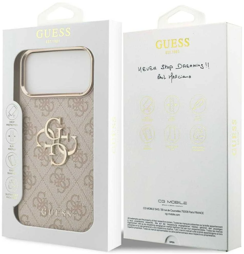 Guess PU odos 4G Metal Logo Gold Frame dėklas skirtas iPhone 17 Pro Max rožinės spalvos