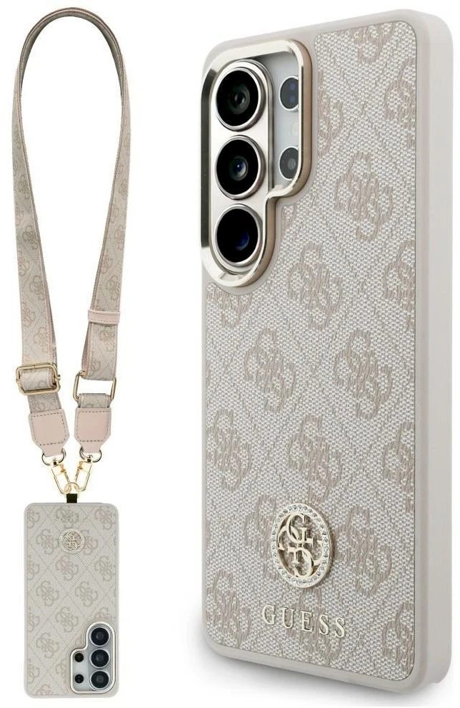 Dėklas Guess 4G Big Rhinestone Triangle Strap MagSafe for Samsung Galaxy S26 Ultra rožinės spalvos