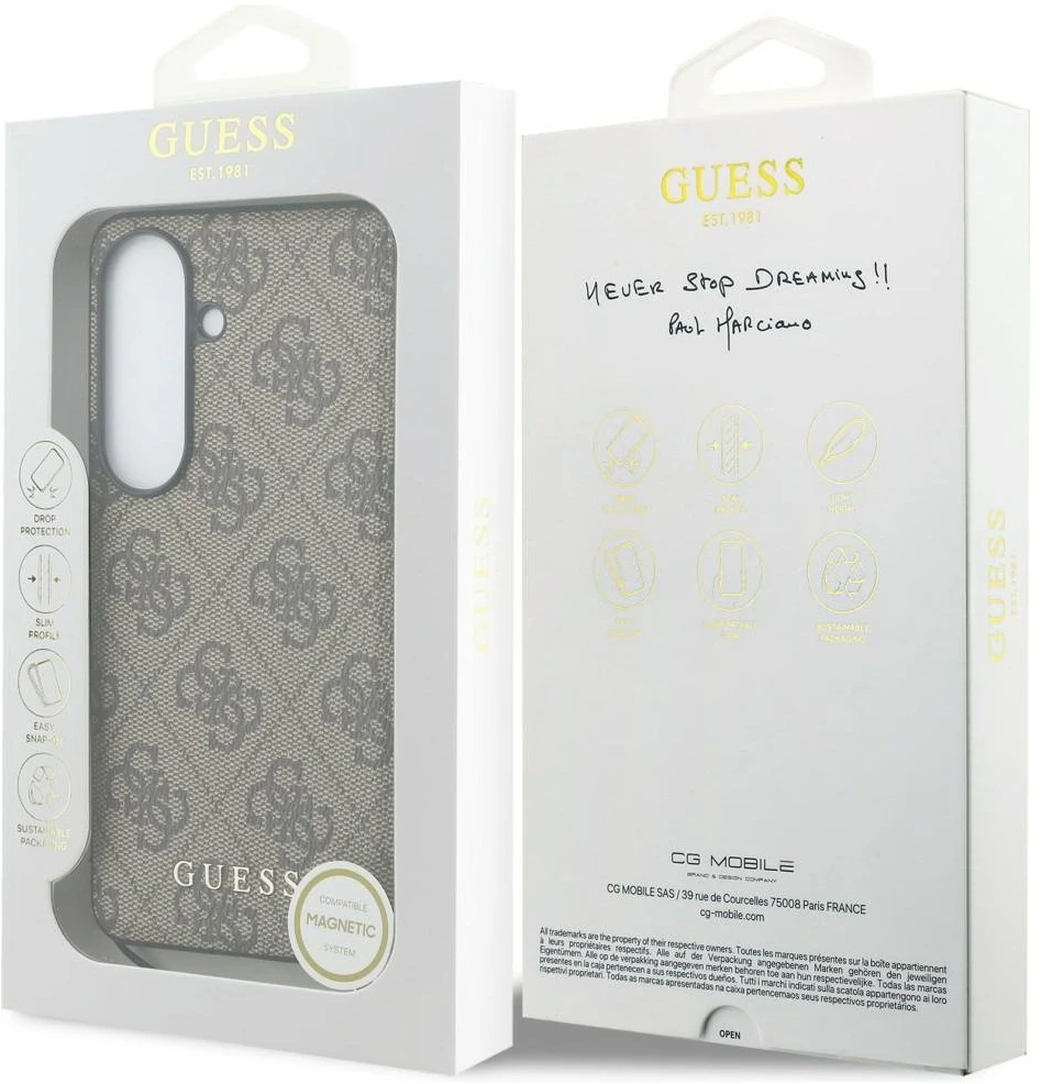 Dėklas Guess 4G Classic Logo Charm MagSafe Samsung Galaxy S26 rudos spalvos