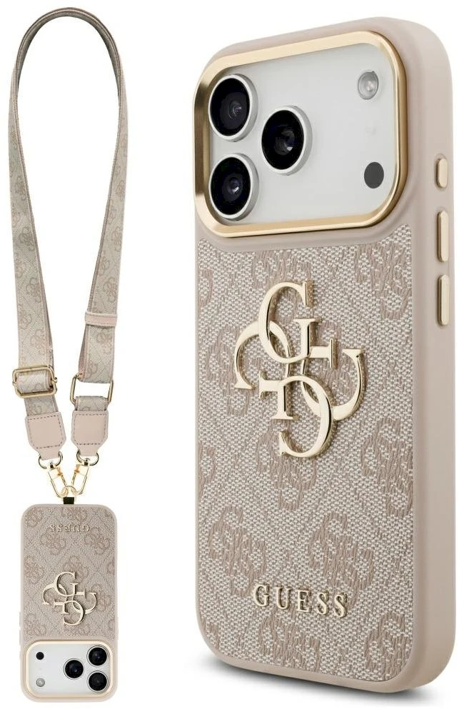 Guess 4G Big 4G Classic Logo Big Strap Metal Mygtukai dėklas skirtas Apple iPhone 17 Pro rožinės spalvos