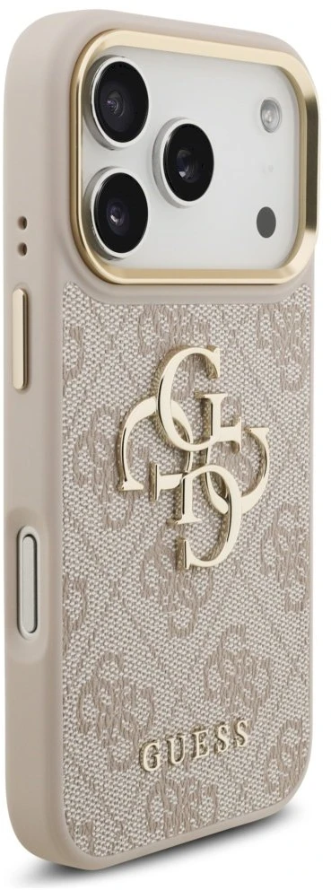 Guess 4G Big 4G Classic Logo Big Strap Metal Mygtukai dėklas skirtas Apple iPhone 17 Pro rožinės spalvos